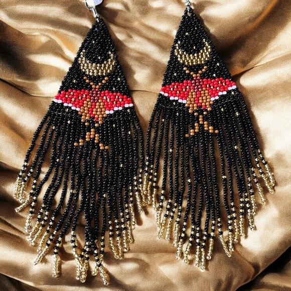 Bold Black Gold Silver Red Handmade Boho Witchy Beaded Earrings w/beaded fringe - Picture 11 of 16